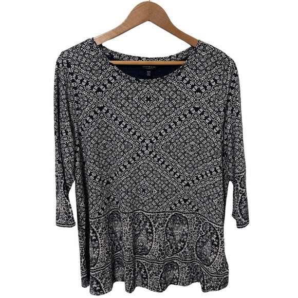 LUCKY BRAND Top Size 1X Paisley Blue cotton blend 3/4 Sleeve - Picture 1 of 13